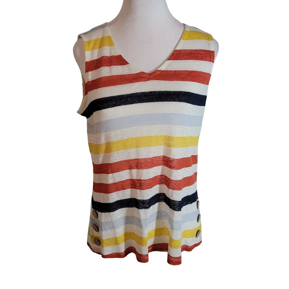 C&C California Size XS 100% Linen Colorful Striped Sleeveless Top Side Buttons